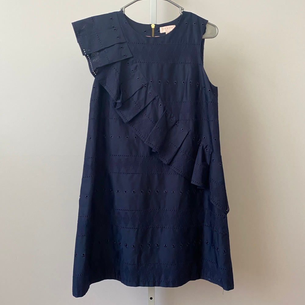 Ted‎ Baker Cotton Dainty Coastal Babydoll Ruffle Eyelet Shift Dress 2 Navy Blue